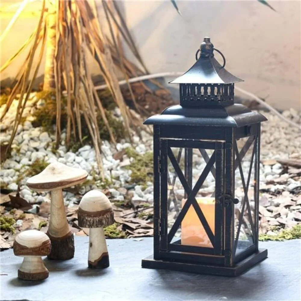 Large Black Metal Candle Lantern Indoor Outdoor Hanging Vintage Decor